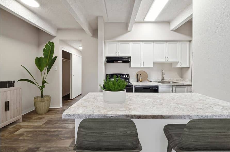 Modern kitchen at Esprit Cherry Creek with white cabinets, marble countertop island, two gray chairs, stainless steel appliances, and a potted plant on the counter. Features wood flooring and neutral walls.